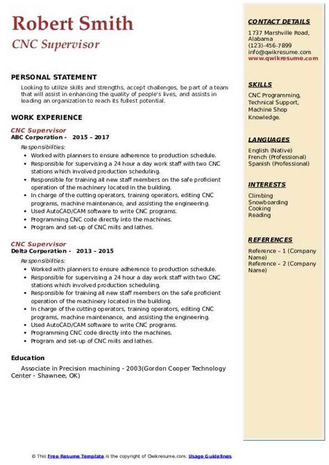 cnc machine shop supervisor resume|resume for cnc supervisor.